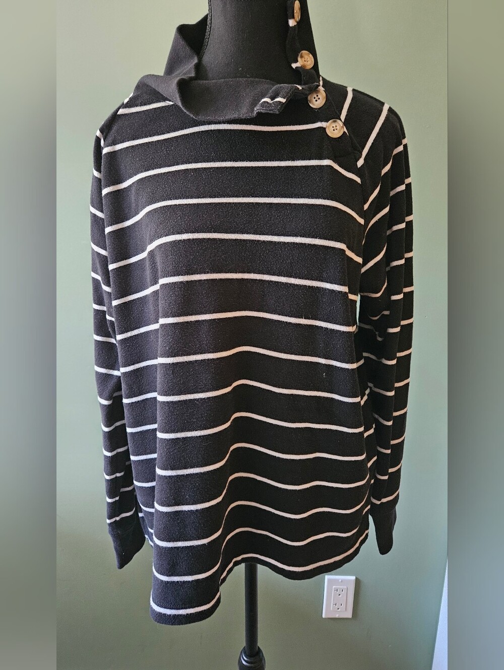 Black and White Striped Button-Neck Women’s Sweater